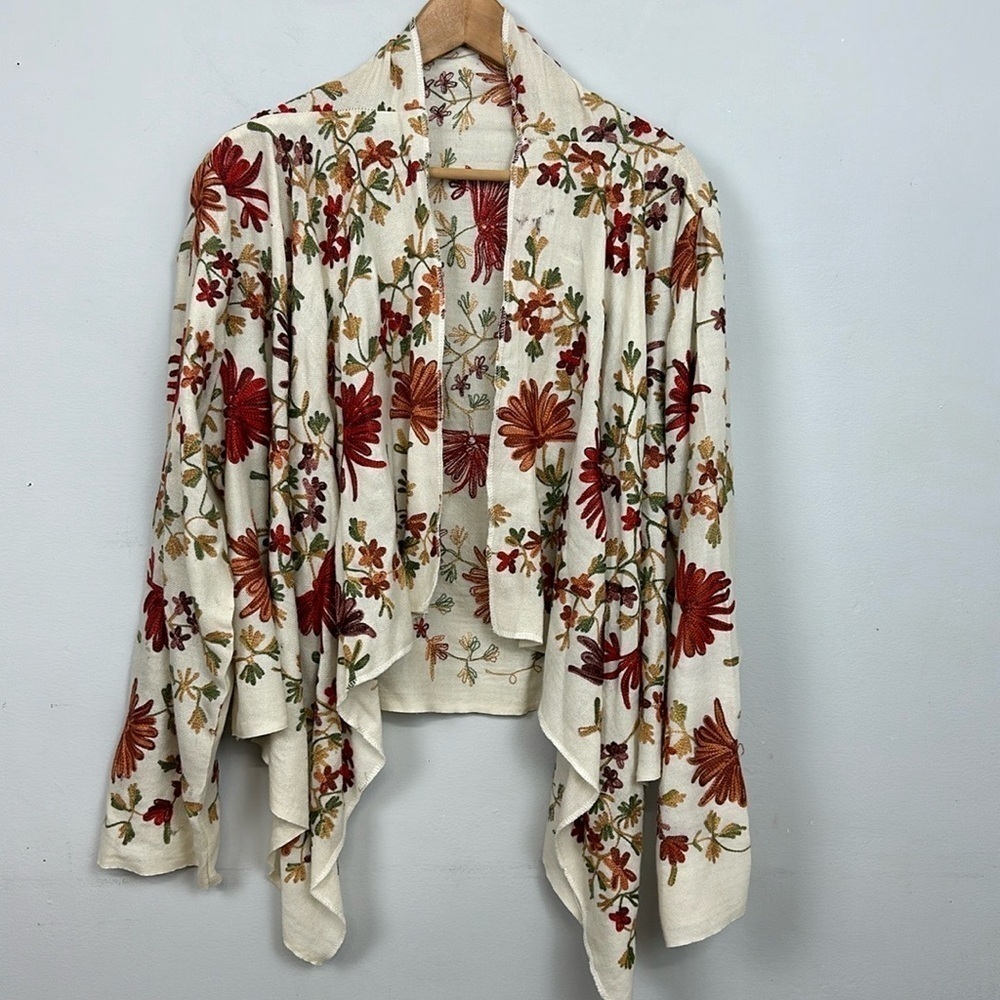 100% Wool Autumn Leaves Embroidered Open Front Sweater Kimono